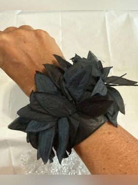 Lisa Stewart Black Leather Flower Cuff Bracelet Statement Boho Chic Edgy Fun